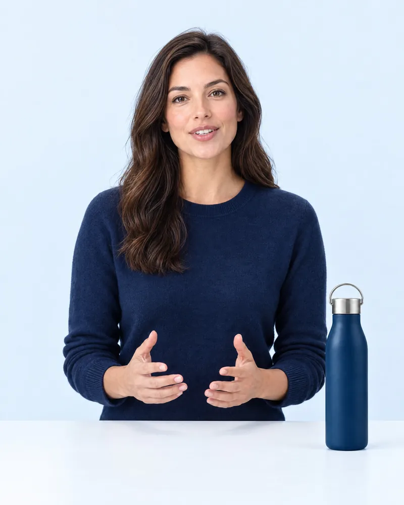 Una presentadora junto a la botella