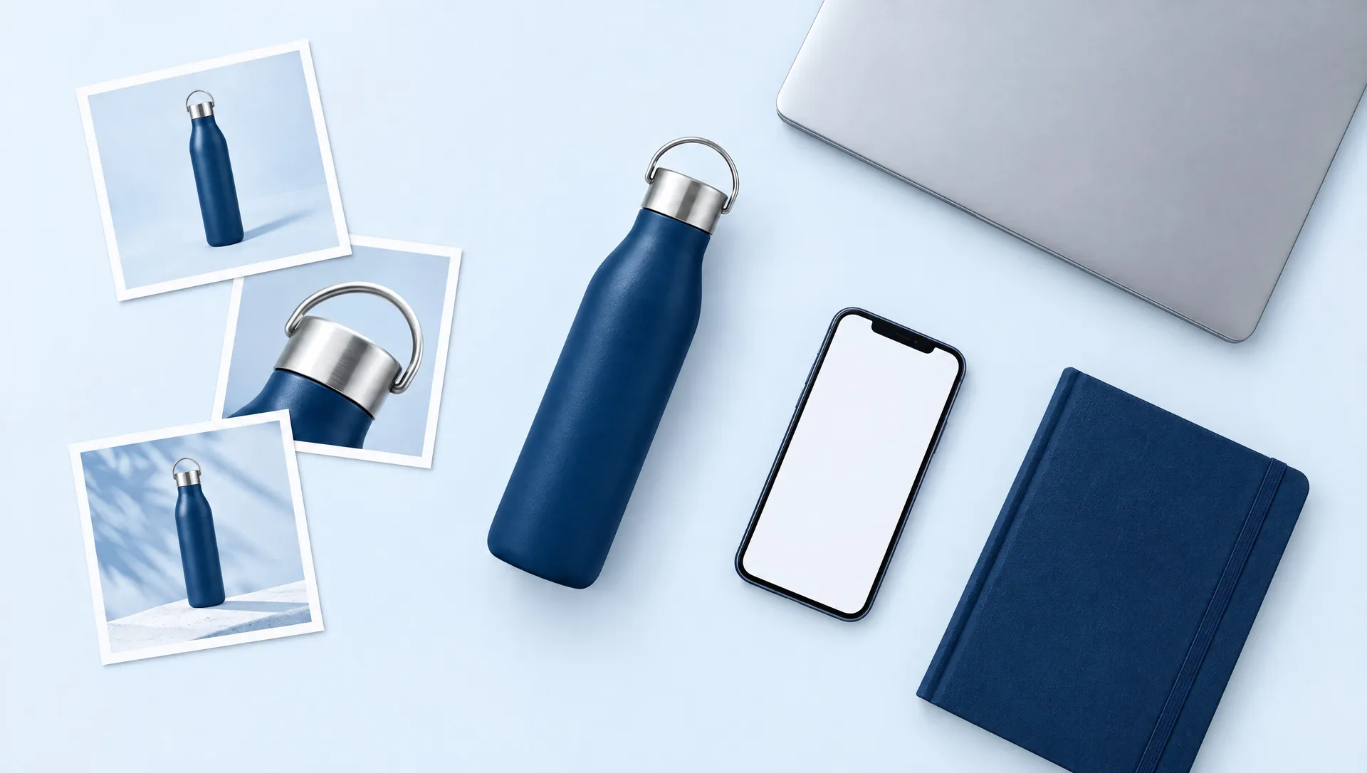 La botella, un teléfono, un computador y fotos impresas sobre una mesa
